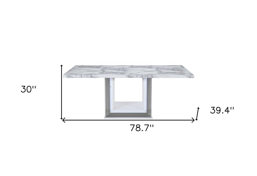79" Light Gray and White Marble and Wood Pedestal Base Dining Table