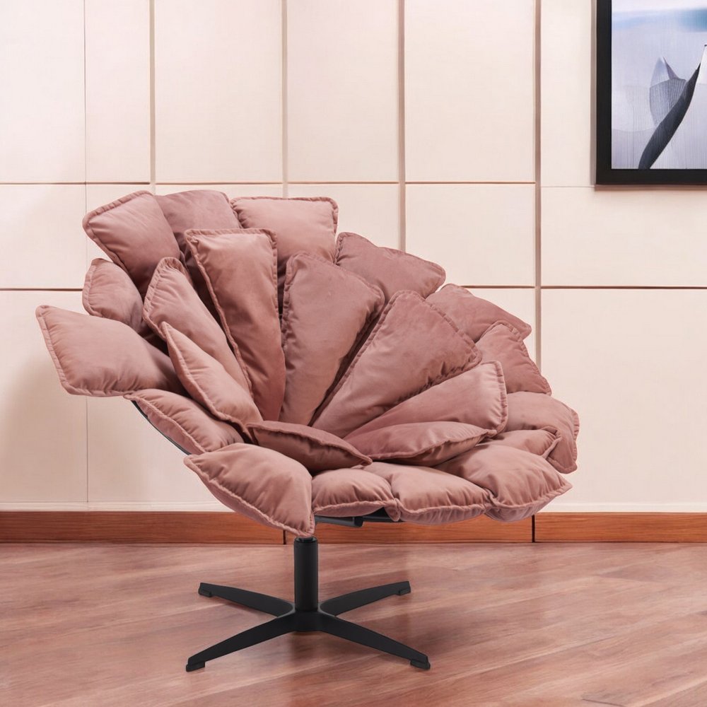 42" Pink And Black Velvet And Upholstered Swivel Side Chair