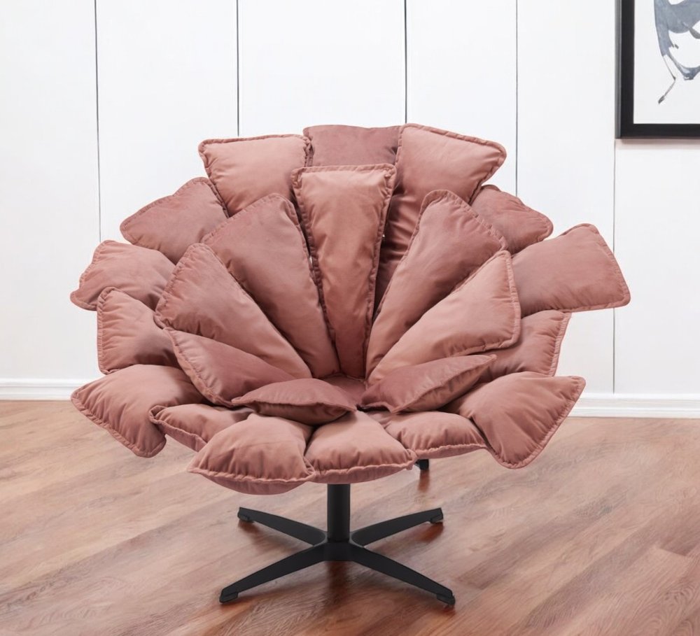 42" Pink And Black Velvet And Upholstered Swivel Side Chair