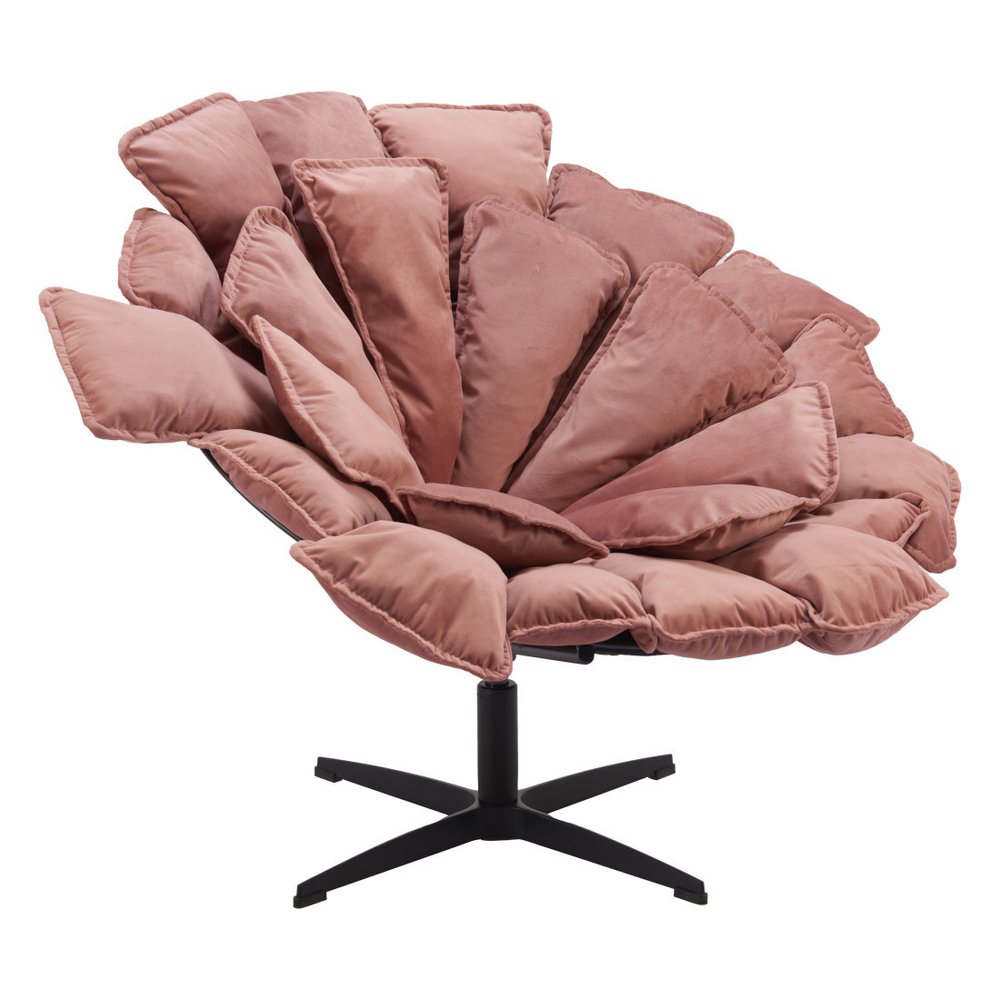 42" Pink And Black Velvet And Upholstered Swivel Side Chair
