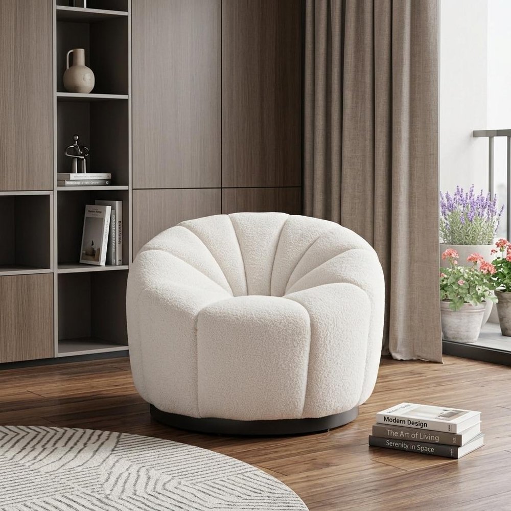 36" Cream And Black Faux Shearling And Upholstered Barrel Chair