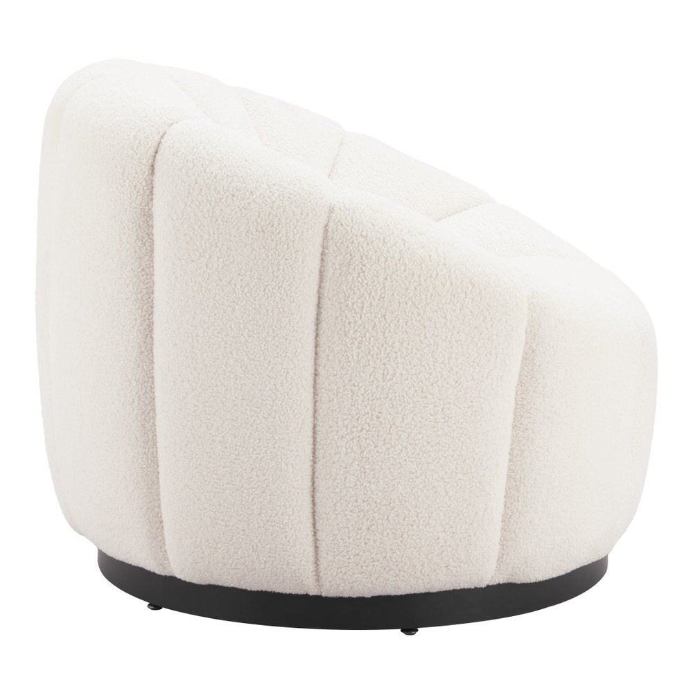 36" Cream And Black Faux Shearling And Upholstered Barrel Chair
