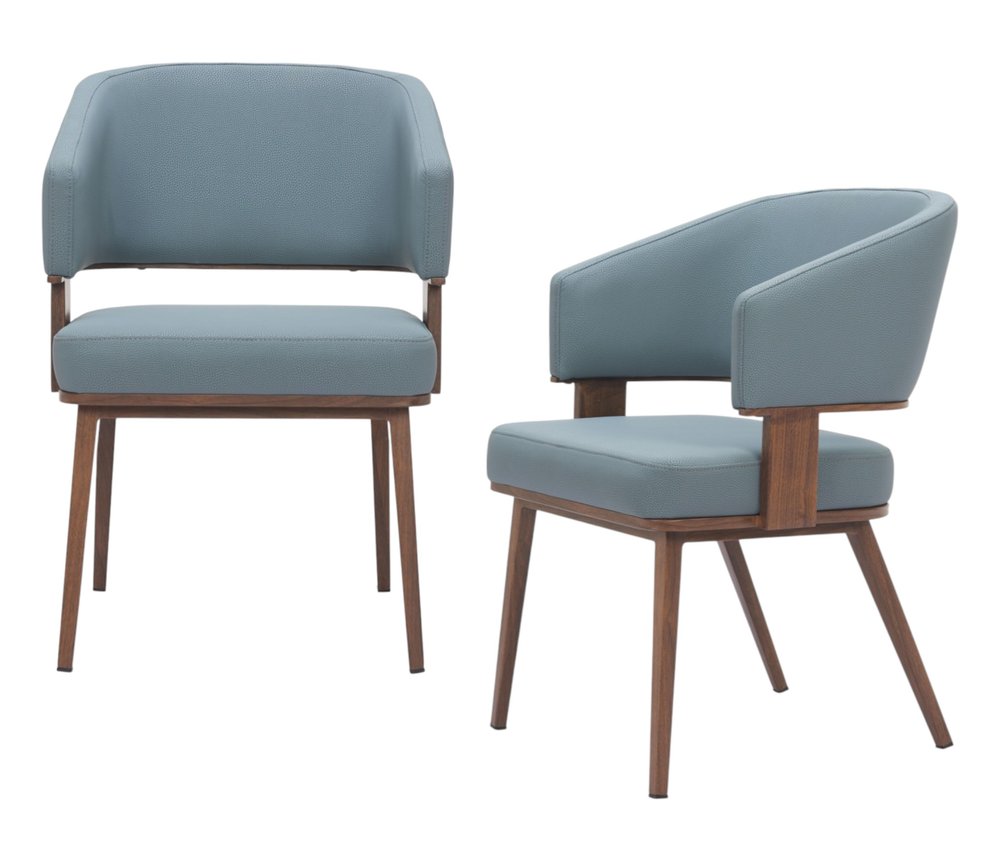 Set of Two Gray and Walnut Upholstered Faux Leather Open Back Dining Arm Chairs