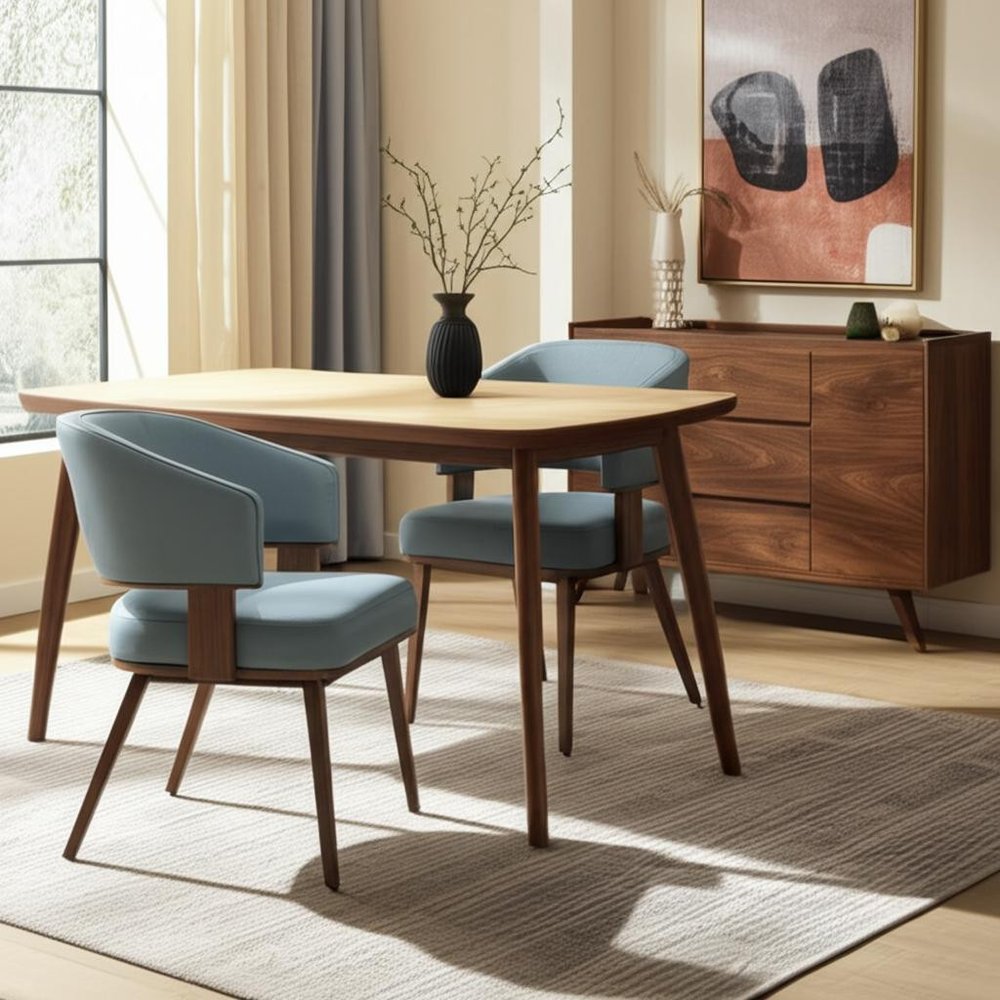 Set of Two Gray and Walnut Upholstered Faux Leather Open Back Dining Arm Chairs