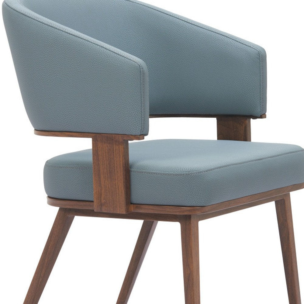 Set of Two Gray and Walnut Upholstered Faux Leather Open Back Dining Arm Chairs