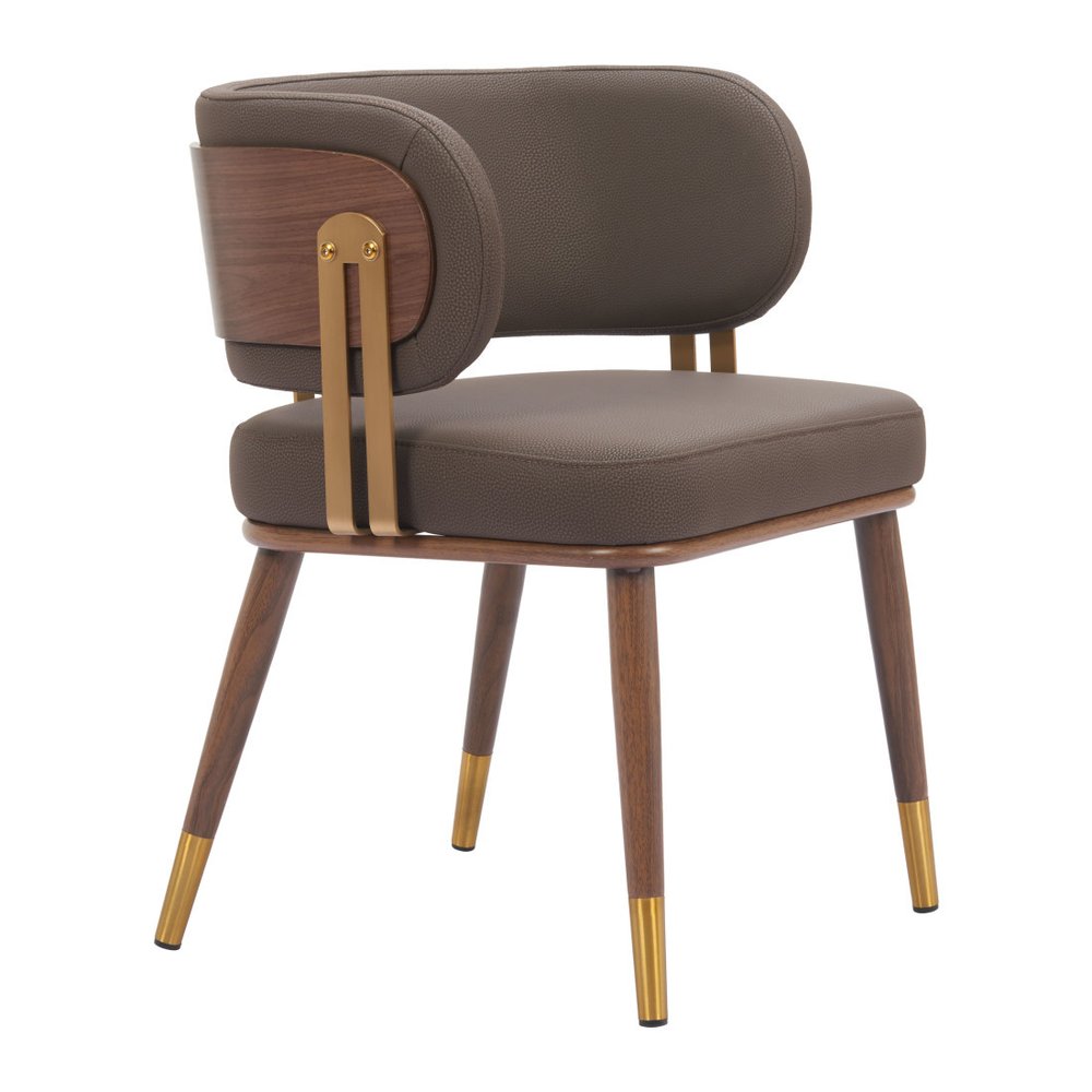 Brown and Walnut Upholstered Faux Leather Curved Back Dining Arm Chair