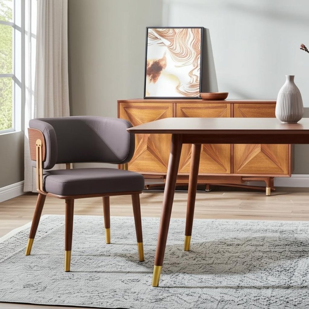 Brown and Walnut Upholstered Faux Leather Curved Back Dining Arm Chair