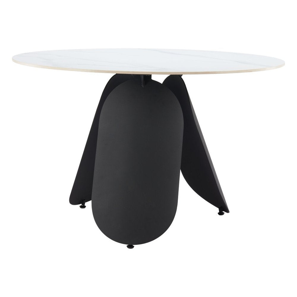 48" White and Black Faux Marble and Steel Pedestal Base Round Top Dining Table