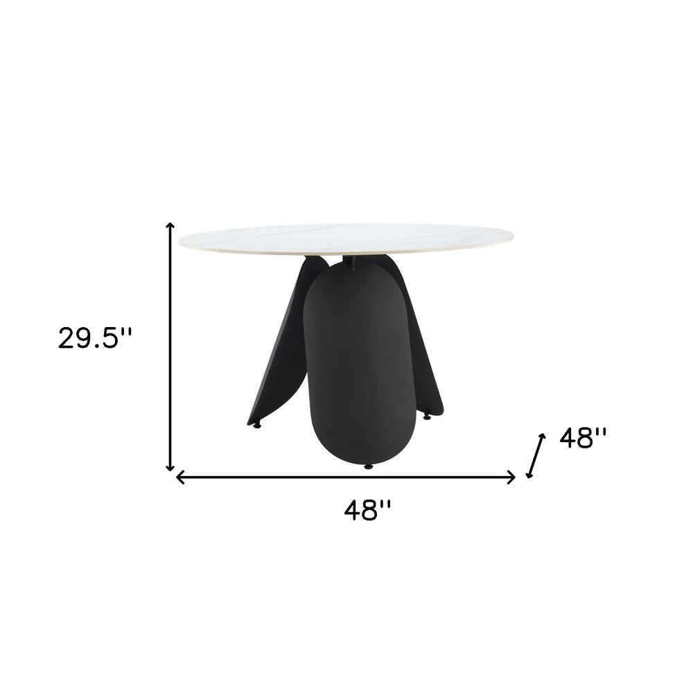 48" White and Black Faux Marble and Steel Pedestal Base Round Top Dining Table