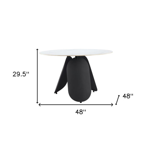 48" White and Black Faux Marble and Steel Pedestal Base Round Top Dining Table