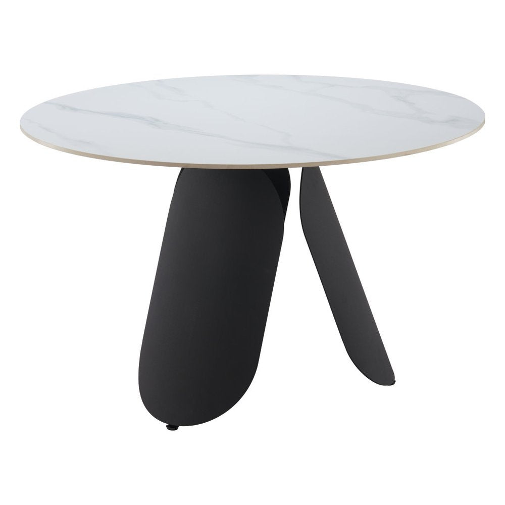48" White and Black Faux Marble and Steel Pedestal Base Round Top Dining Table