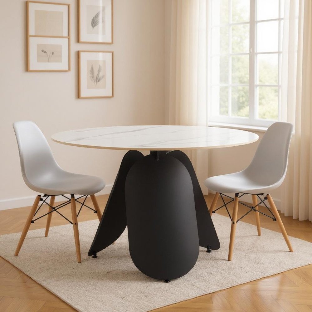 48" White and Black Faux Marble and Steel Pedestal Base Round Top Dining Table