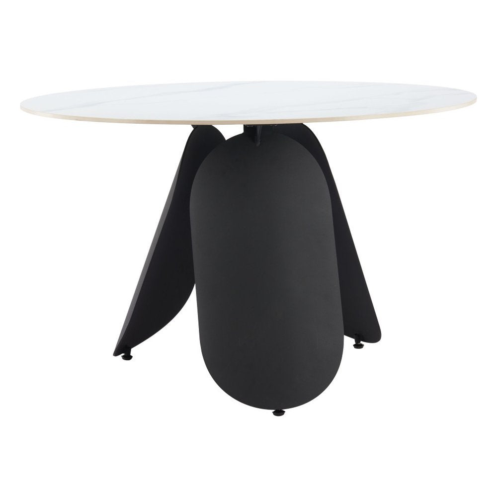 48" White and Black Faux Marble and Steel Pedestal Base Round Top Dining Table