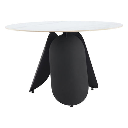 48" White and Black Faux Marble and Steel Pedestal Base Round Top Dining Table