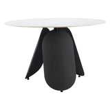48" White and Black Faux Marble and Steel Pedestal Base Round Top Dining Table