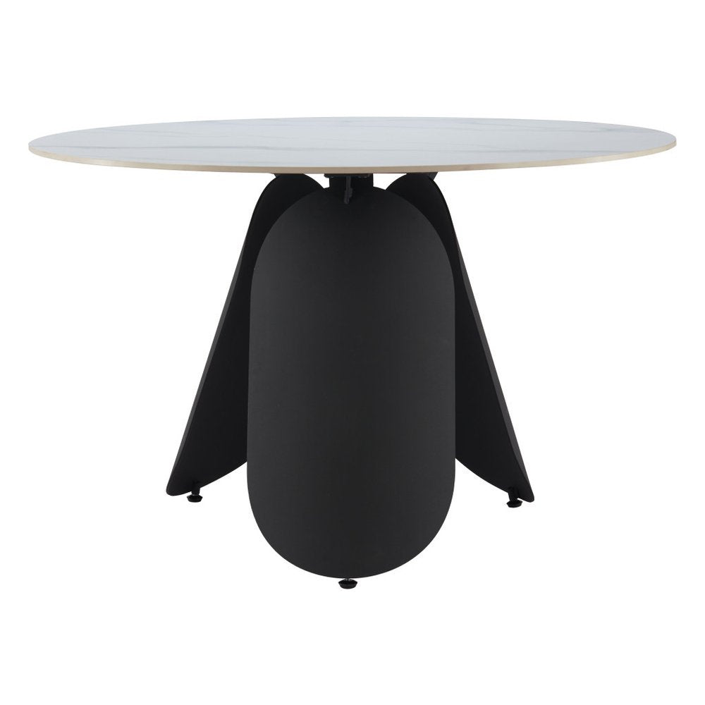 48" White and Black Faux Marble and Steel Pedestal Base Round Top Dining Table