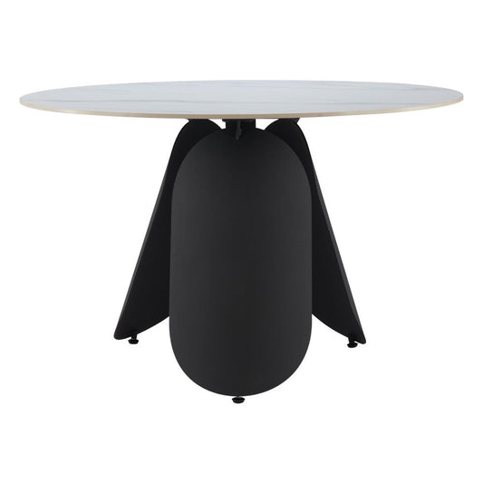48" White and Black Faux Marble and Steel Pedestal Base Round Top Dining Table