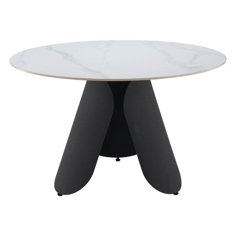48" White and Black Faux Marble and Steel Pedestal Base Round Top Dining Table