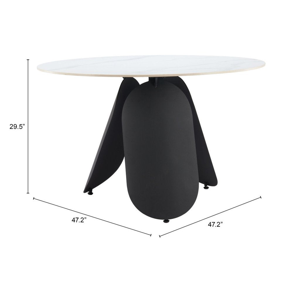 48" White and Black Faux Marble and Steel Pedestal Base Round Top Dining Table