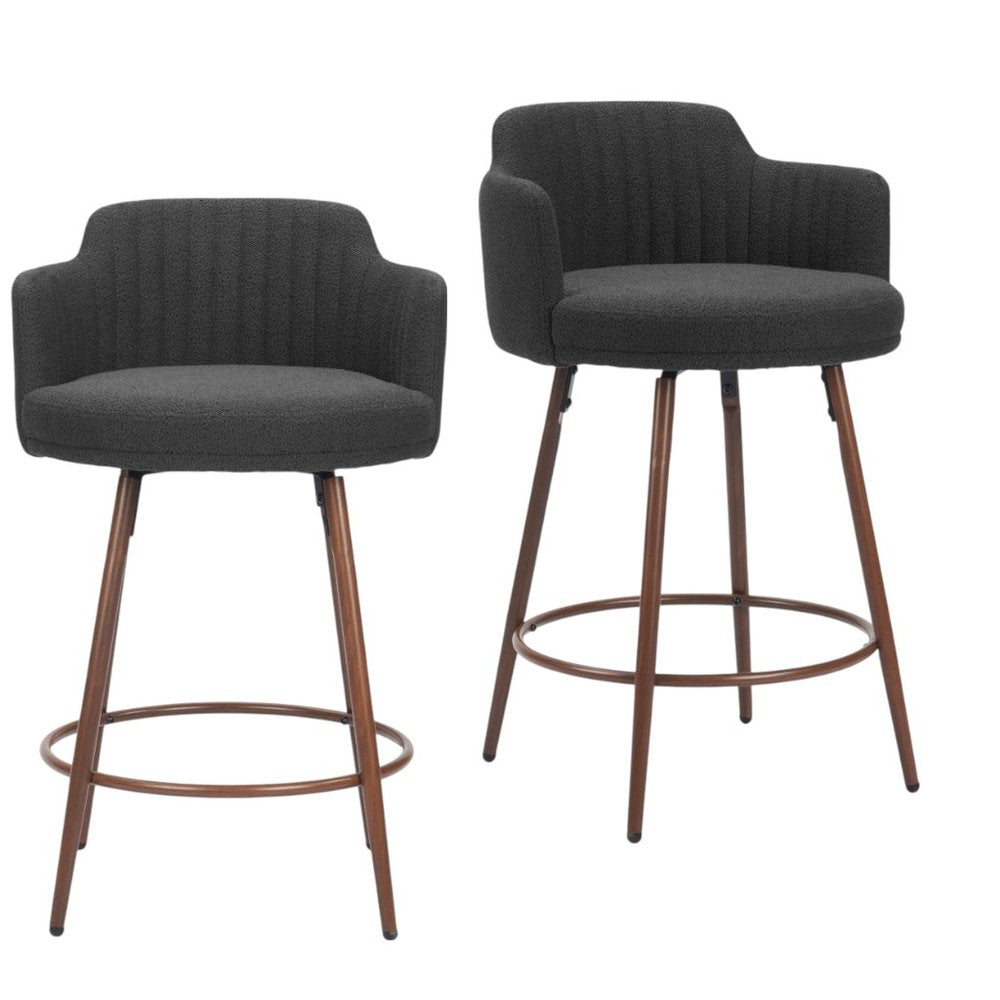 Set of Two 26" Black and Walnut Faux Shearling and Steel Counter Height Swivel Bar Chairs