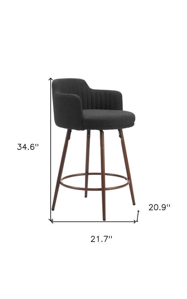 Set of Two 26" Black and Walnut Faux Shearling and Steel Counter Height Swivel Bar Chairs