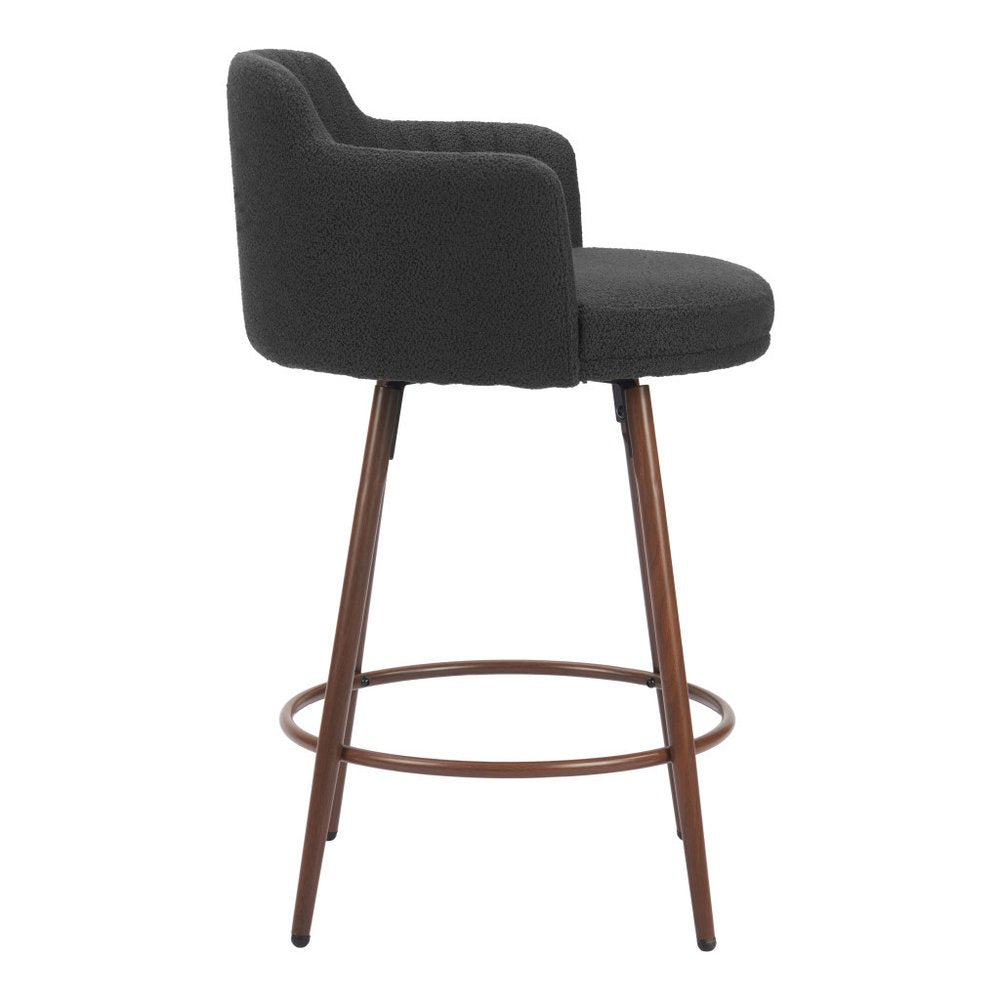 Set of Two 26" Black and Walnut Faux Shearling and Steel Counter Height Swivel Bar Chairs