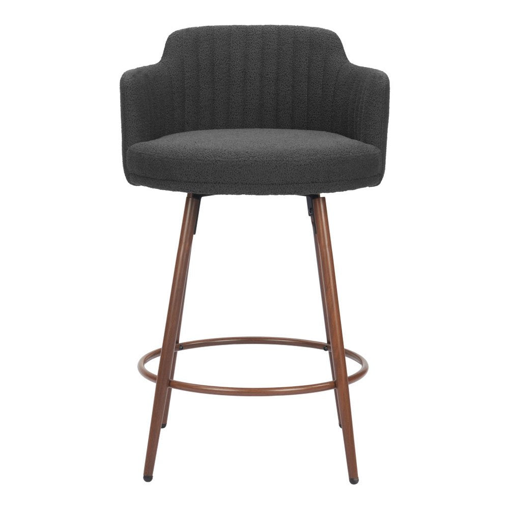 Set of Two 26" Black and Walnut Faux Shearling and Steel Counter Height Swivel Bar Chairs