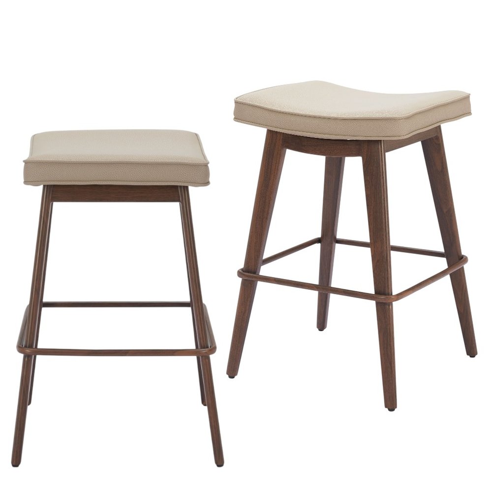 Set of Two 27" Beige and Walnut Faux Leather and Steel Backless Counter Height Bar Chairs