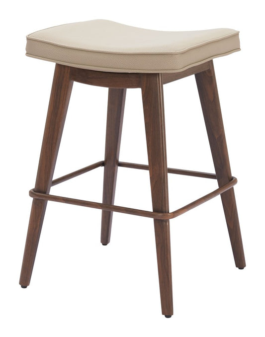 Set of Two 27" Beige And Walnut Faux Leather And Steel Backless Counter Height Bar Chairs