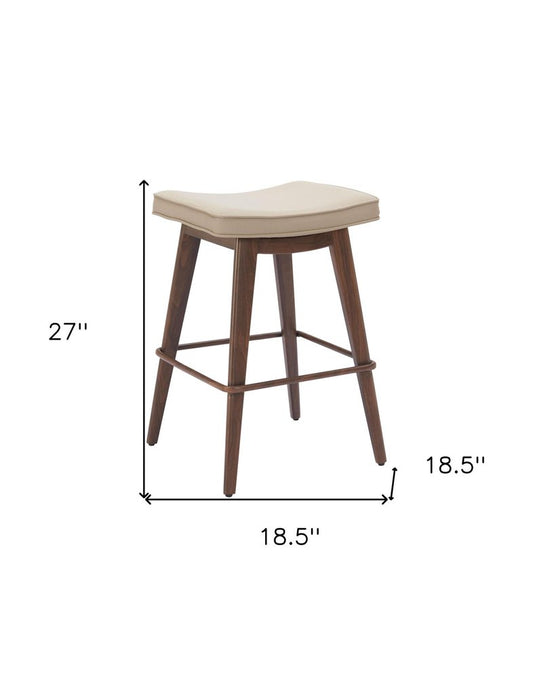 Set of Two 27" Beige And Walnut Faux Leather And Steel Backless Counter Height Bar Chairs