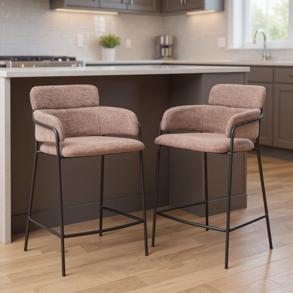 Set of Two 26" Brown and Black Faux Shearling and Steel Counter Height Bar Chairs
