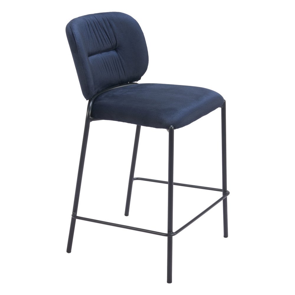 Set of Two 25" Blue and Black Velvet and Steel Counter Height Bar Chairs