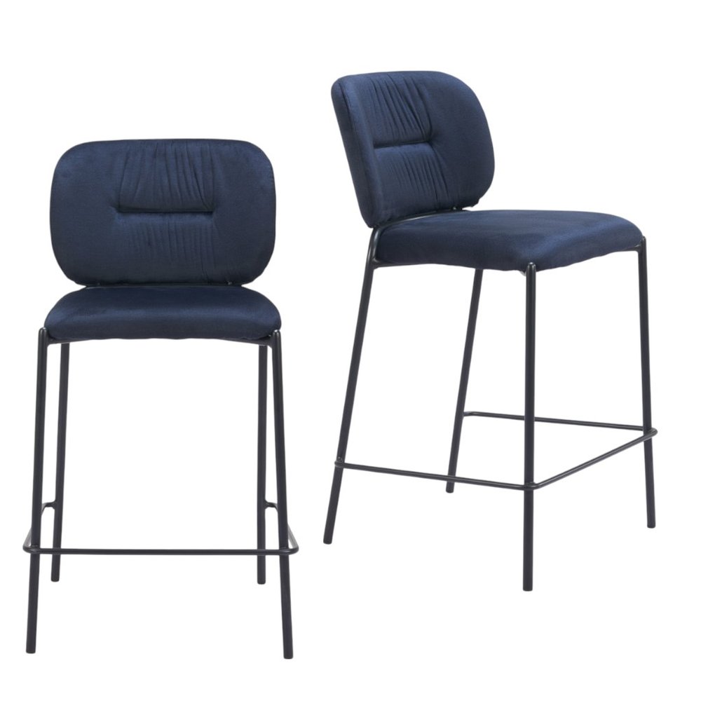 Set of Two 25" Blue and Black Velvet and Steel Counter Height Bar Chairs