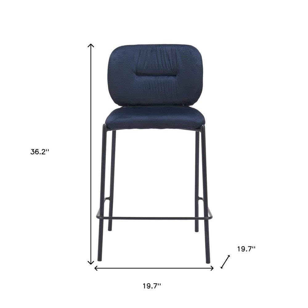 Set of Two 25" Blue and Black Velvet and Steel Counter Height Bar Chairs