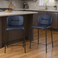 Set of Two 25" Blue and Black Velvet and Steel Counter Height Bar Chairs