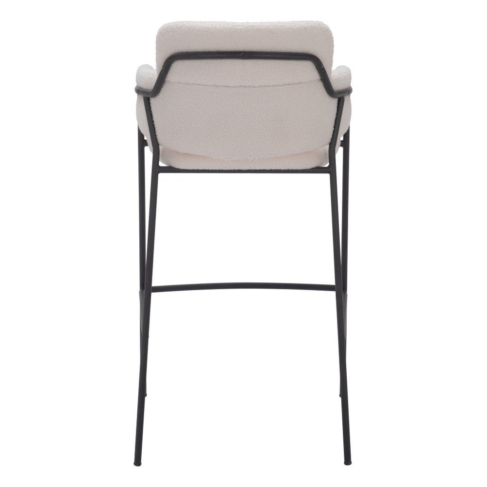 Set of Two 30" Cream and Black Faux Shearling and Steel Bar Height Bar Chairs