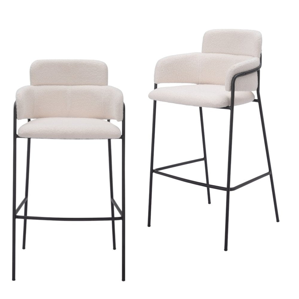 Set of Two 30" Cream and Black Faux Shearling and Steel Bar Height Bar Chairs