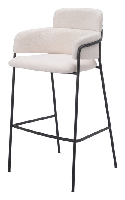 Set of Two 30" Cream and Black Faux Shearling and Steel Bar Height Bar Chairs