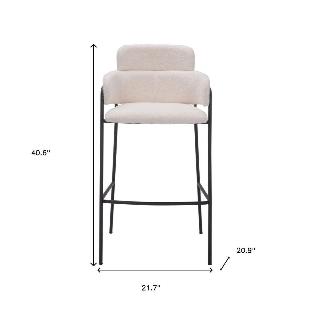 Set of Two 30" Cream and Black Faux Shearling and Steel Bar Height Bar Chairs