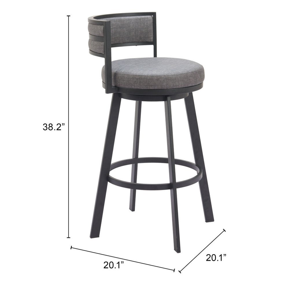 31" Gray and Black Fabric and Steel Low Back Bar Height Swivel Bar Chair