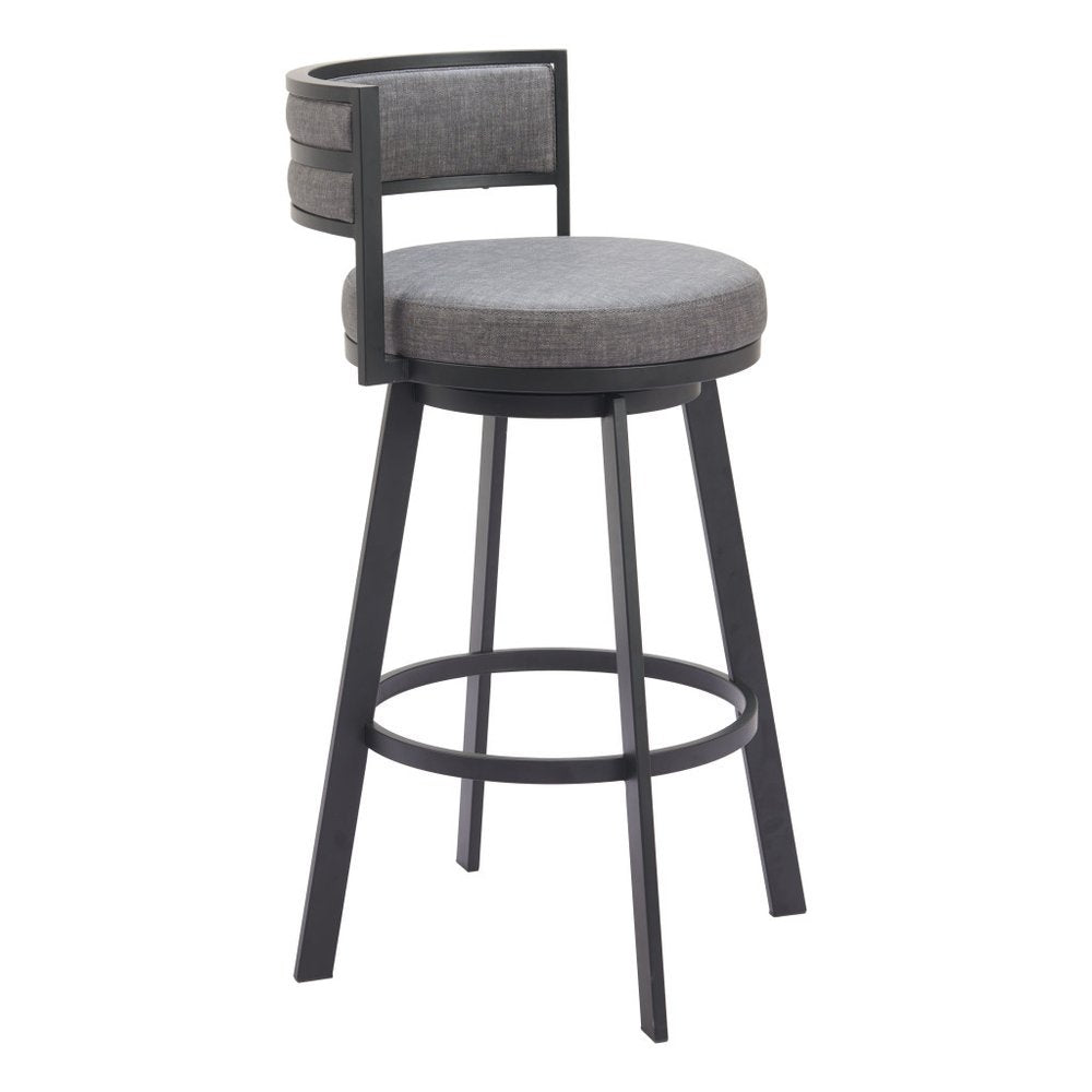 31" Gray and Black Fabric and Steel Low Back Bar Height Swivel Bar Chair