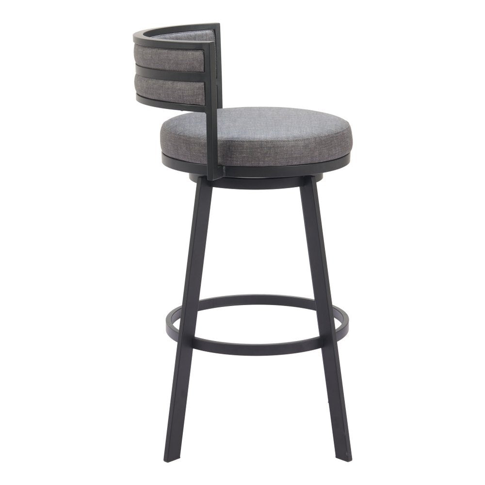 31" Gray and Black Fabric and Steel Low Back Bar Height Swivel Bar Chair