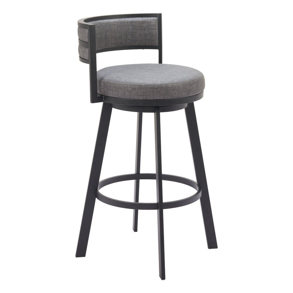 31" Gray and Black Fabric and Steel Low Back Bar Height Swivel Bar Chair