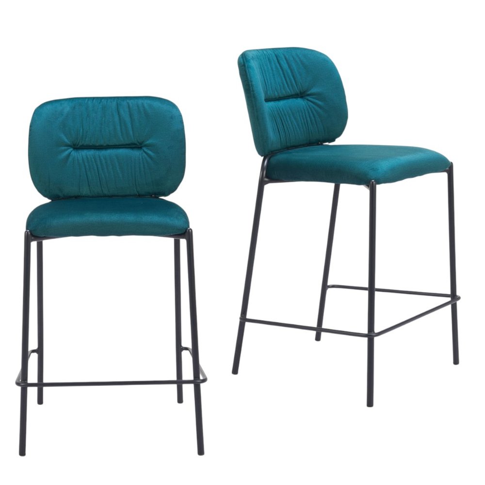 Set of Two 25" Green and Black Velvet and Steel Counter Height Bar Chairs