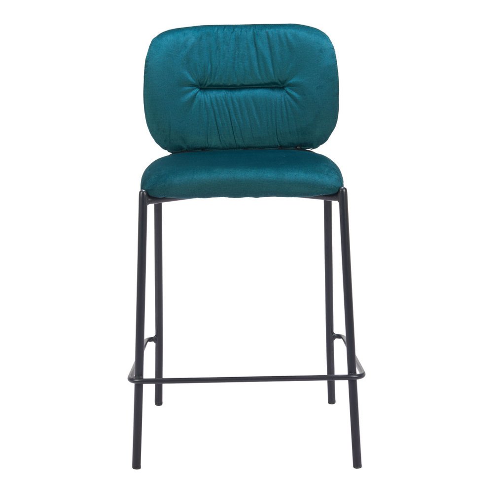 Set of Two 25" Green and Black Velvet and Steel Counter Height Bar Chairs