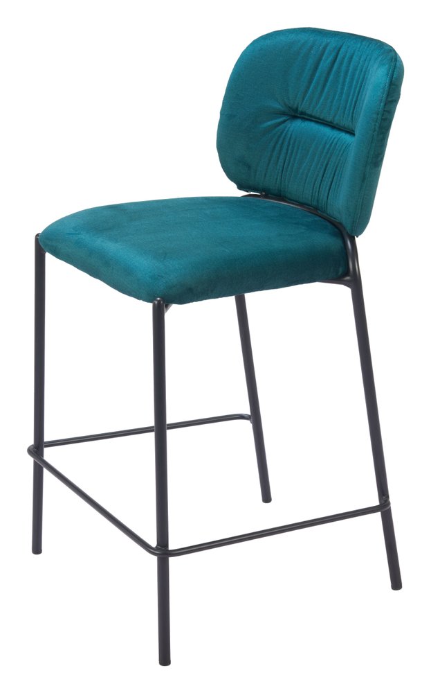Set of Two 25" Green and Black Velvet and Steel Counter Height Bar Chairs
