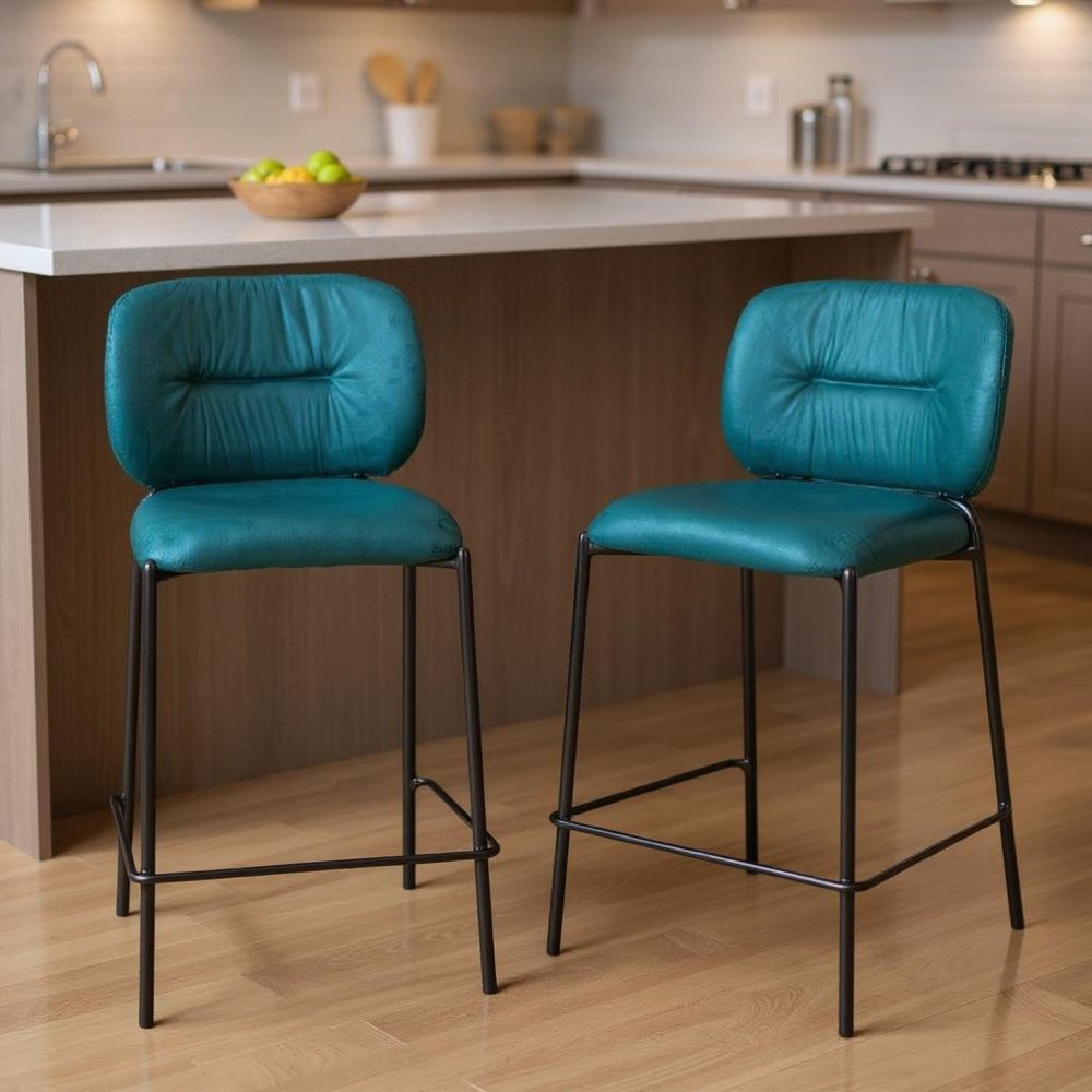 Set of Two 25" Green and Black Velvet and Steel Counter Height Bar Chairs