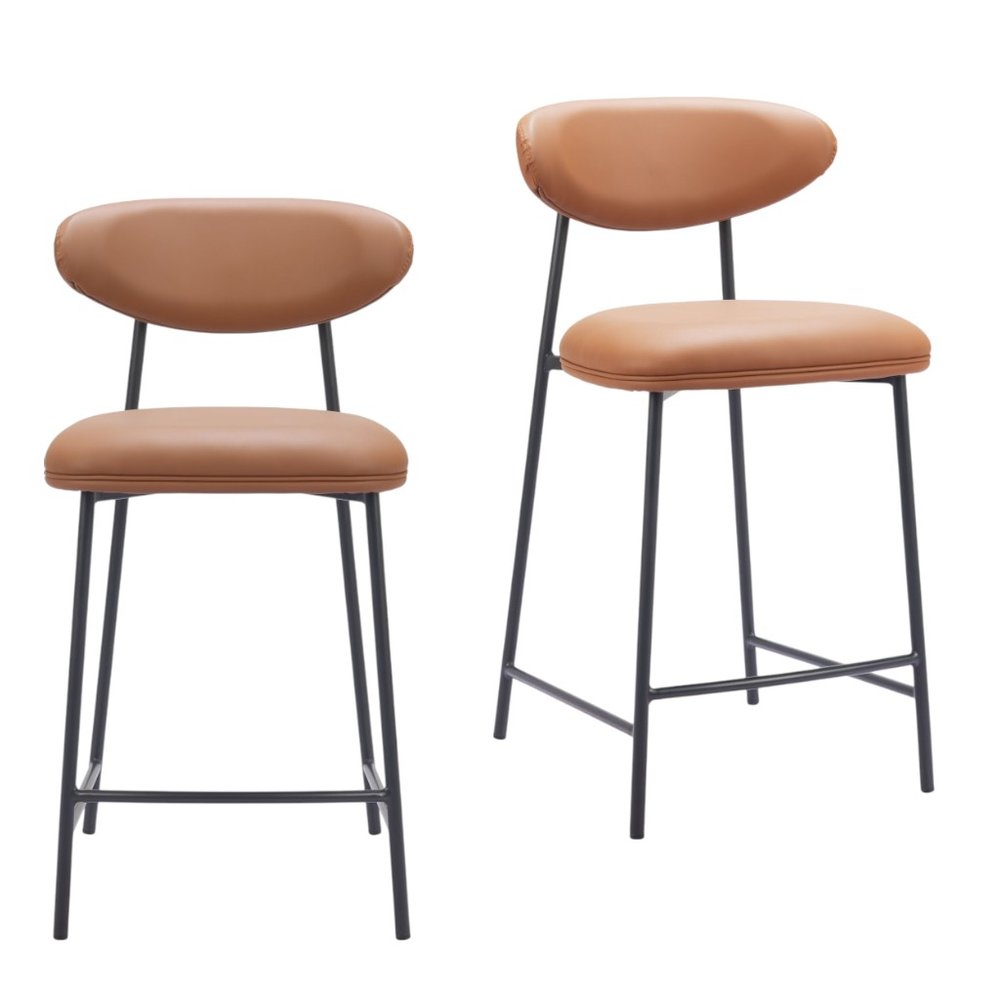 Set of Two 25" Brown and Black Faux Leather and Steel Low Back Counter Height Bar Chairs