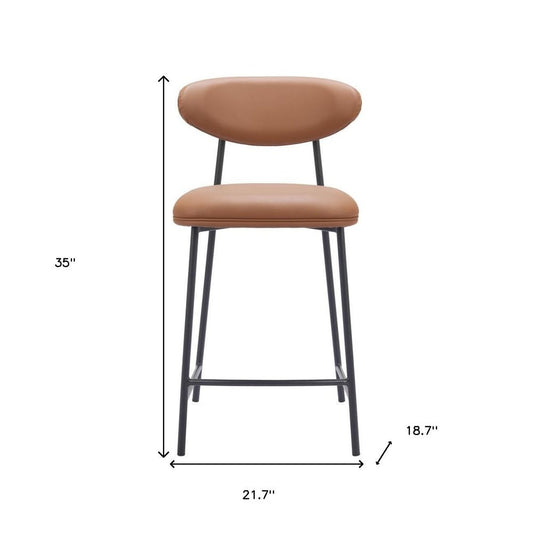 Set of Two 25" Brown And Black Faux Leather And Steel Low Back Counter Height Bar Chairs