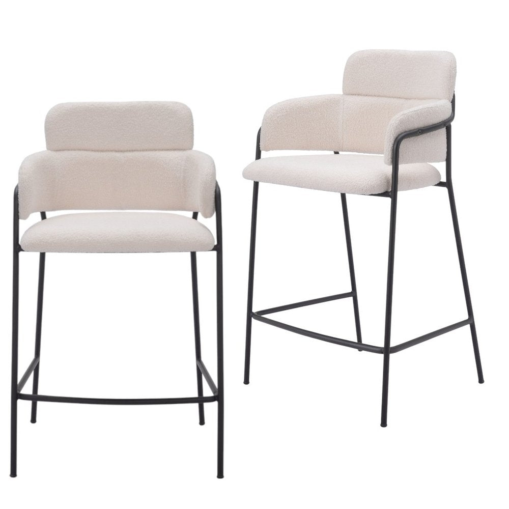 Set of Two 26" Cream and Black Faux Shearling and Steel Counter Height Bar Chairs